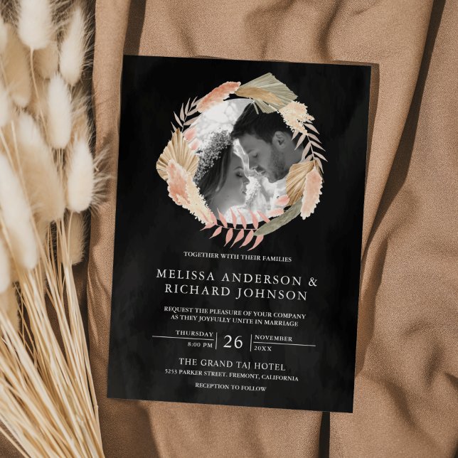 Invitación Pampas Wreath Photo Dried Palm Black Boda (Subido por el creador)