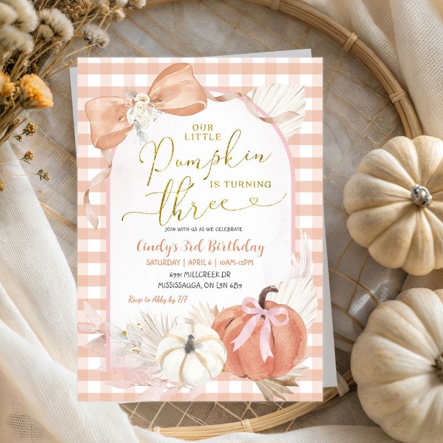 Invitación Pampass Gingham Calabaza 3er Cumpleaños (Subido por el creador)