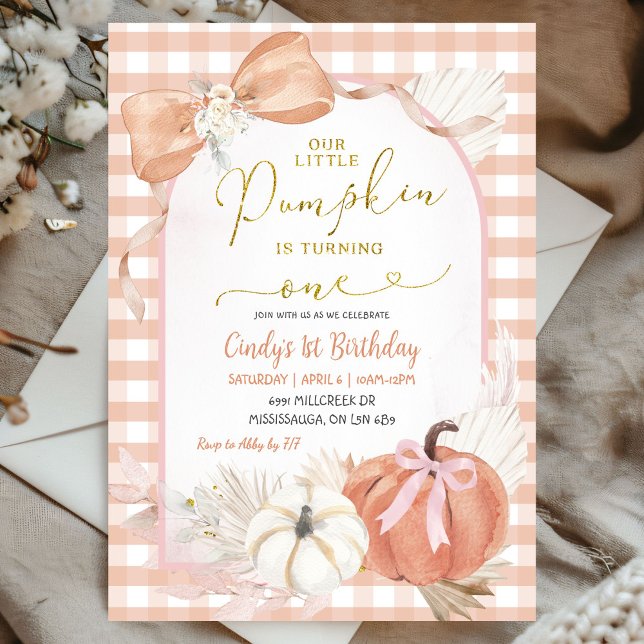Invitación Pampass Gingham Pumpkin es un Primer Cumpleaños (Subido por el creador)