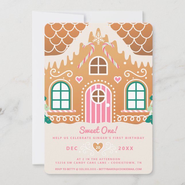 Invitación Pan de jengibre rosa dulce de primer cumpleaños (Anverso)