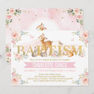 Invitación Pan Oro Rosa Animales de Woodland Bautismo Floral 