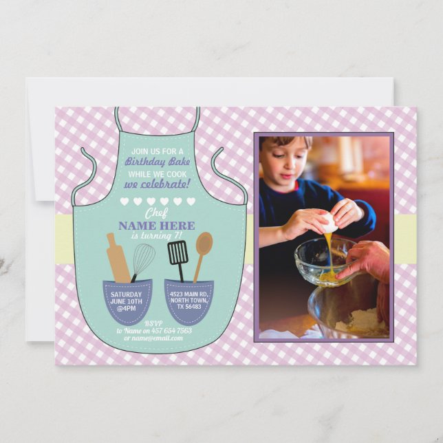 Invitación Panadería Apron Birthday Party Foto Mint Pink Invi (Anverso)