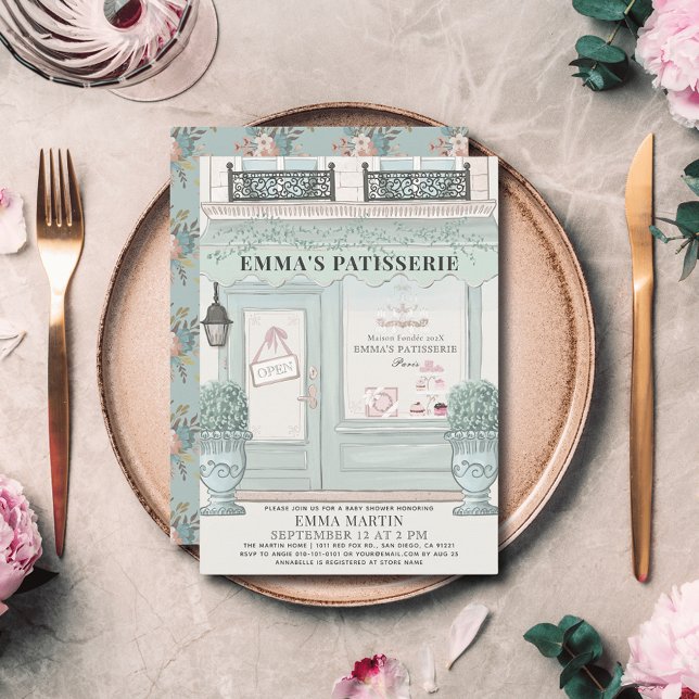 Invitación Panadería francesa París Green Baby Shower (Subido por el creador)