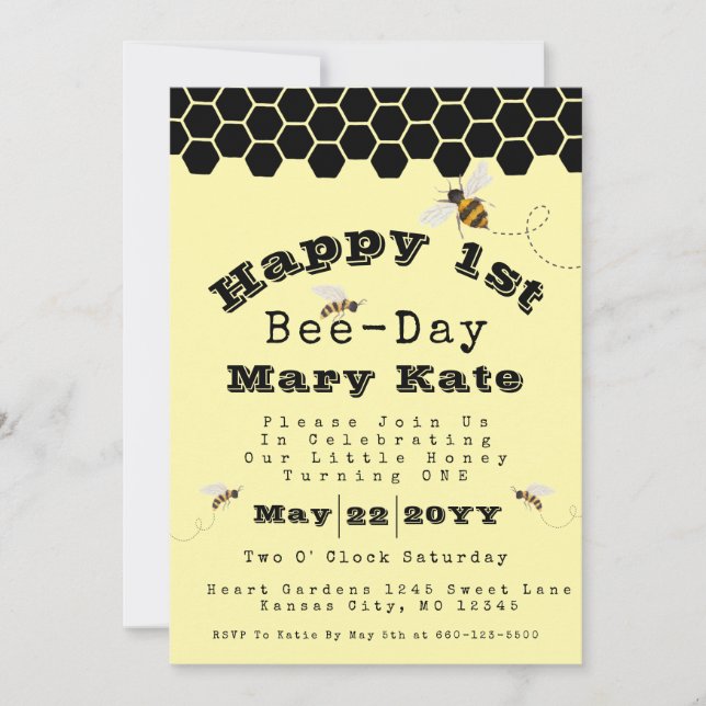 Invitación Panal de abeja amarillo y negro Cumpleaños 1 (Anverso)