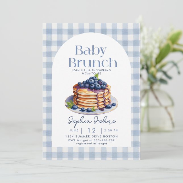 Invitación Pancake Blueberry Gingham Baby Brunch Baby Shower (Anverso de pie)