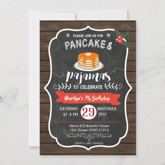 Invitación Pancake de madera y pijamas cumpleaños (Anverso)