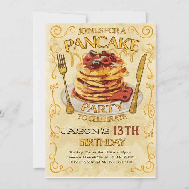 Invitación Pancake Party Invitation, Birthday Party  (Anverso)
