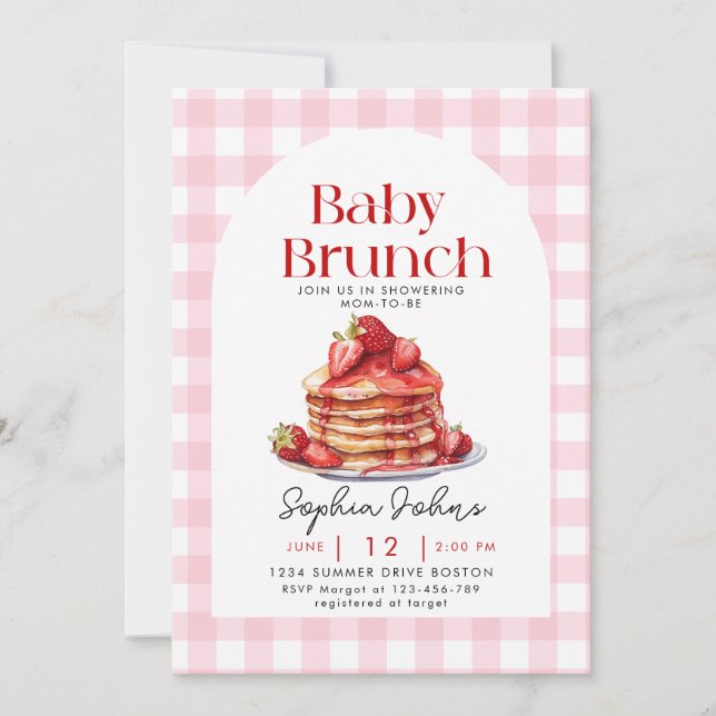 Invitación Pancake Strawberry Gingham Baby Brunch Baby Shower (Anverso)
