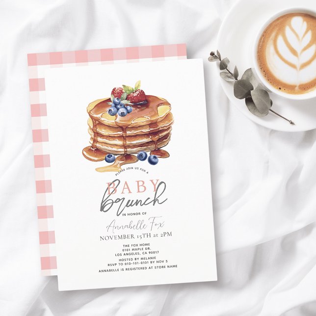 Invitación Pancake Watercolor Rosa Gingham Chica Baby Brunch (Subido por el creador)