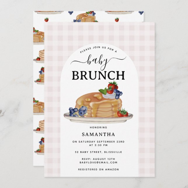 Invitación Pancakes Berries Brunch Pink Plaid Baby Shower (Anverso / Reverso)