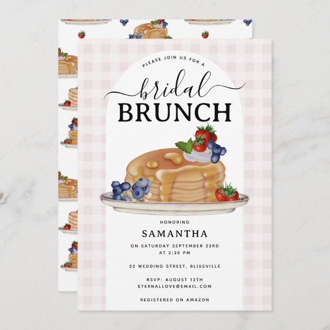 Invitación Pancakes Berries Brunch Pink Plaid Bridal Shower (Anverso / Reverso)