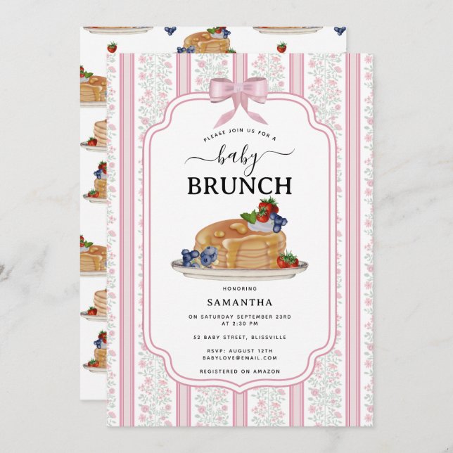 Invitación Pancakes Brunch Pink Botanical Baby Shower (Anverso / Reverso)
