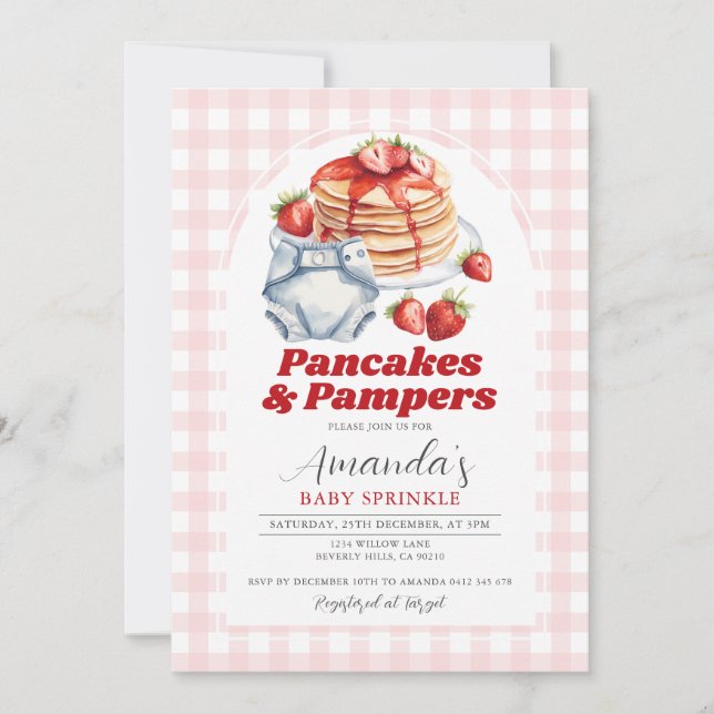 Invitación Pancakes Diaper Baby Shower Pink Gingham (Anverso)