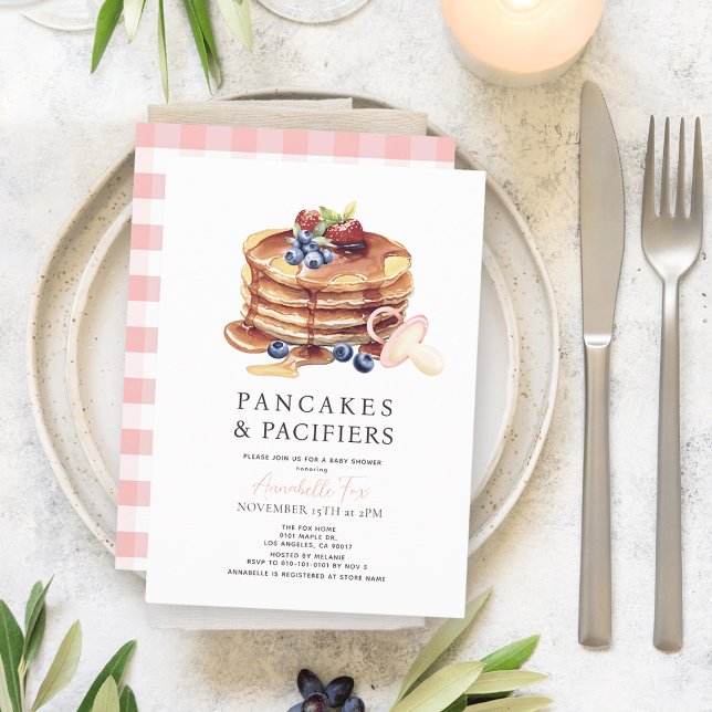 Invitación Pancakes & Pacificadores Pink Gingham Chica Baby S (Subido por el creador)