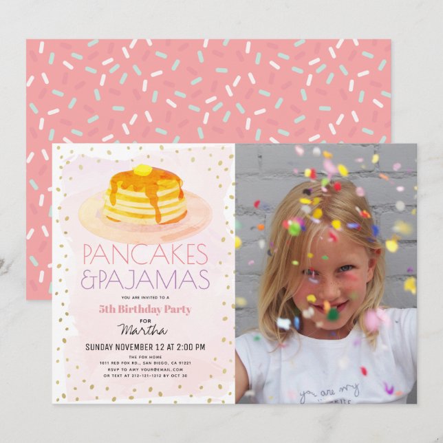 Invitación Pancakes & Pajamas Chica de oro rosado Foto Cumple (Anverso / Reverso)