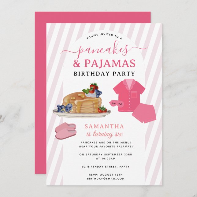 Invitación Pancakes Pajamas PJ's Girl Kids Birthday Party (Anverso / Reverso)