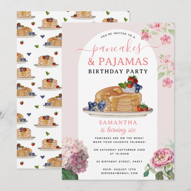 Invitación Pancakes Pijamas Cumpleaños de Niña Fiesta de Cump (Anverso / Reverso)