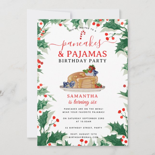 Invitación Pancakes Pijamas PJ Niña Navidad Cumpleaños (Anverso)