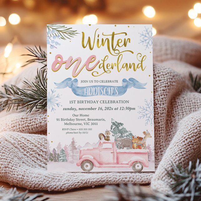 Invitación Pancarta de Camión Rosado Invierno Onederland Prim (Girls Winter Onederland 1st Birthday Invitation, Winter Themed First Birthday Girl, Woodland Animals)