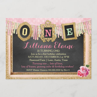 Invitación Pancarta de cumpleaños del primer Purpurina de oro
