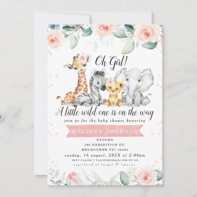 Invitación Pancarta de flores rosadas Safari Babia Baby Showe (Anverso)