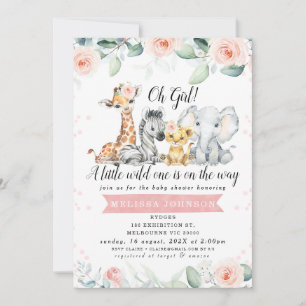 Invitación Pancarta de flores rosadas Safari Babia Baby Showe