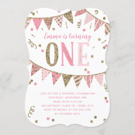 Invitación Pancarta de Purpurina Rosa y Oro Primer Fiesta de 
