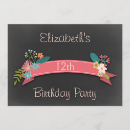 Invitación Pancarta rosa de cumpleaños 12 Flores en caldera
