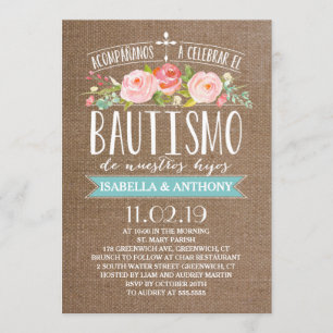 Invitación Pancarta Rosa Gemelos Burlap   Bautismo español