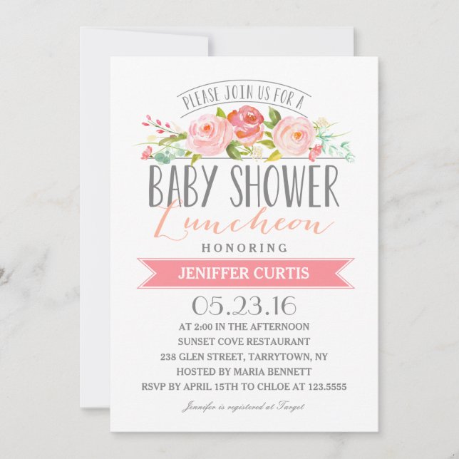 Invitación Pancarta Rosa Luncheon | Baby Shower (Anverso)