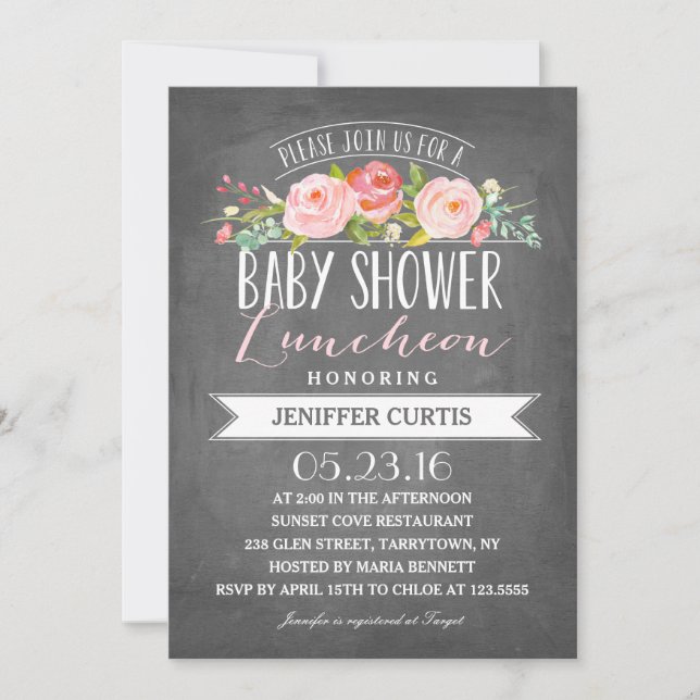 Invitación Pancarta Rosa Luncheon | Baby Shower (Anverso)