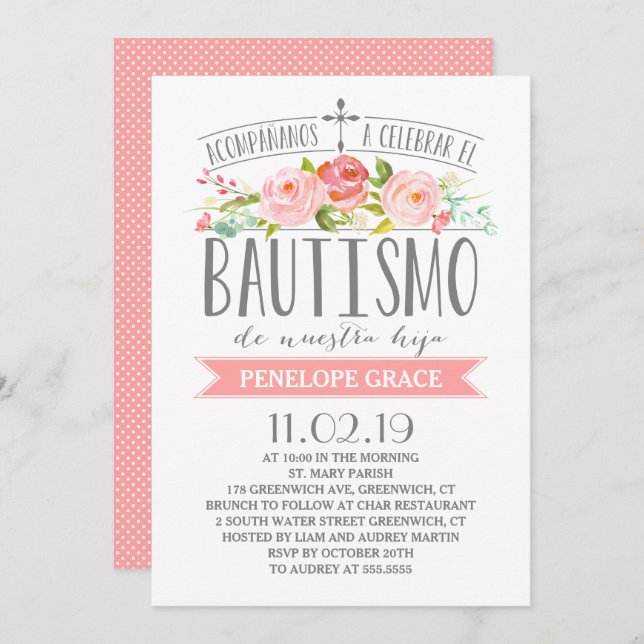 Invitación Pancarta rosa Rosa| Bautismo español (Anverso / Reverso)