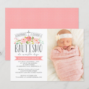 Invitación Pancarta rosa Rosa con foto  Bautismo español