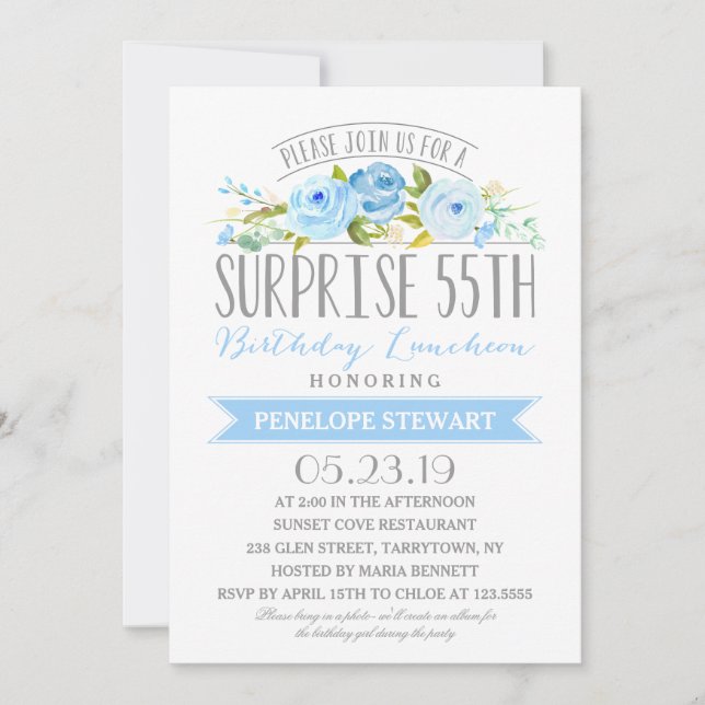 Invitación Pancarta Rosa Sorpresa 55º cumpleaños Luncheon (Anverso)