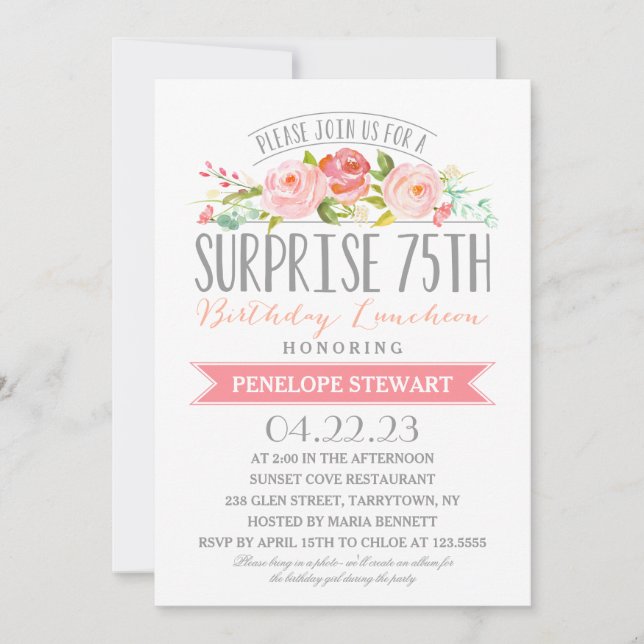 Invitación Pancarta Rosa Sorpresa 75º cumpleaños Luncheon (Anverso)