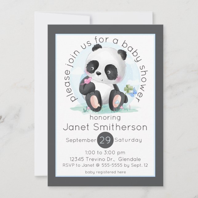 Invitación Panda acuático con Baby Shower de mariposas (Anverso)