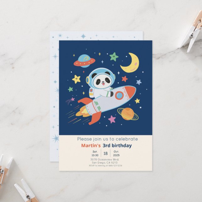 Invitación Panda astronaut azul y naranja (Anverso/Reverso In Situ)