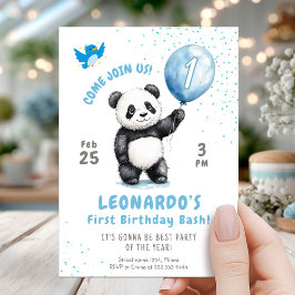Invitación Panda Azul Balón de Panda Adorable Primer Cumpleañ