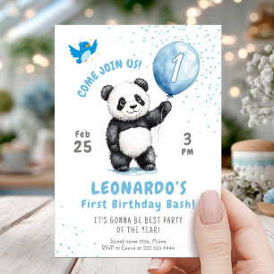 Invitación Panda Azul Balón de Panda Adorable Primer Cumpleañ