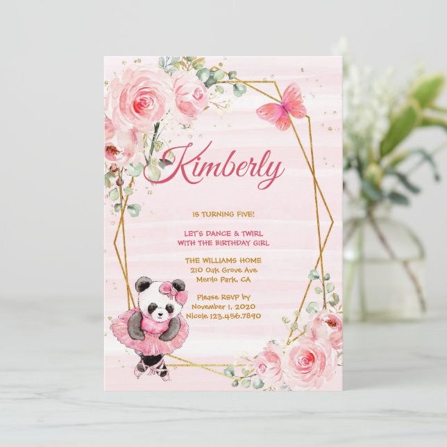 Invitación Panda Ballerina Tutu Chica Cinco Cumpleaños (Anverso de pie)