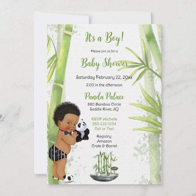 Invitación Panda Bamboo Tema niño bebé Verde Blanco negro (Anverso)