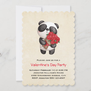 Invitación Panda Bear con Bouquet de Rosas Valentine