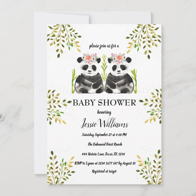 Invitación Panda Bear Twins Chica Baby Shower Greenery Nature (Anverso)