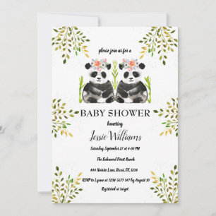 Invitación Panda Bear Twins Chica Baby Shower Greenery Nature