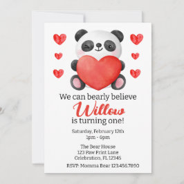 Invitación Panda Chica con corazones San Valentín primer cump