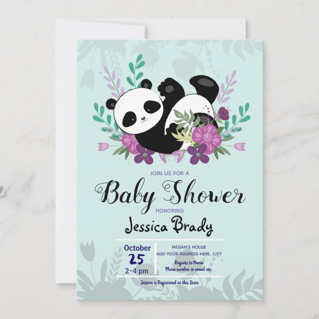 Invitación Panda con Baby Shower de flores moradas (Anverso)
