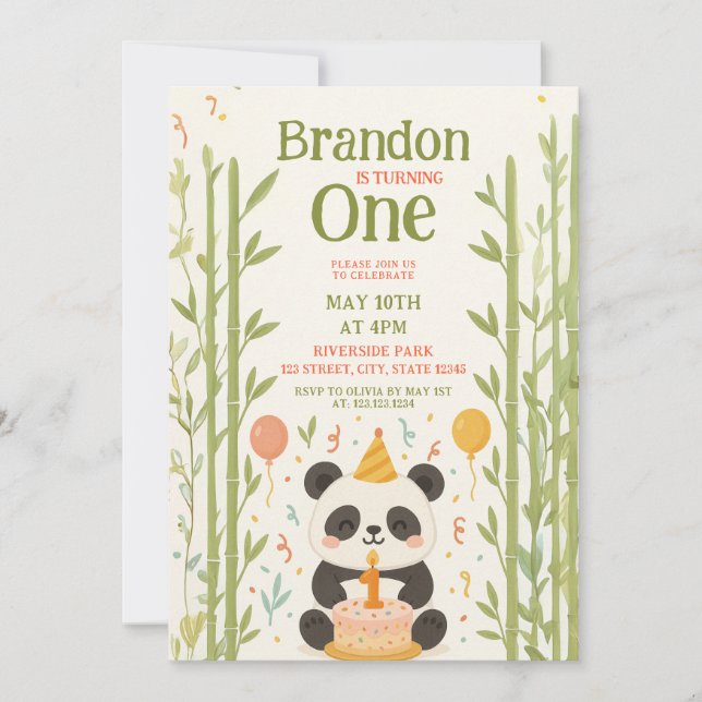 Invitación Panda con Bambú y Pastel Primer Cumpleaños (Anverso)