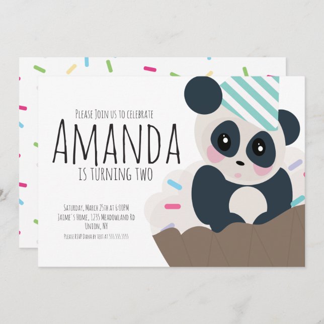 Invitación Panda Cupcake Sprinkles Cumpleaños Cualquier Invit (Anverso / Reverso)