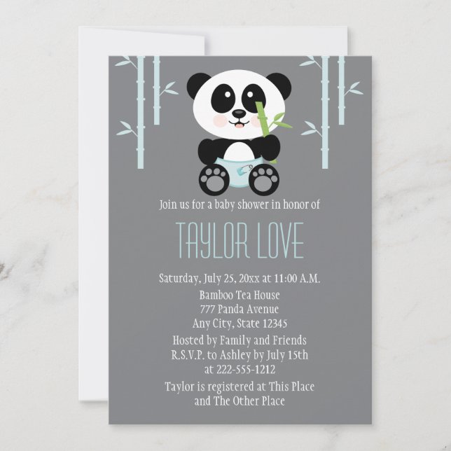 Invitación Panda de bambú azul en los pañales Baby Shower (Anverso)
