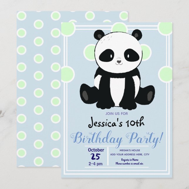 Invitación Panda de cumpleaños y puntos de Polka azul (Anverso / Reverso)